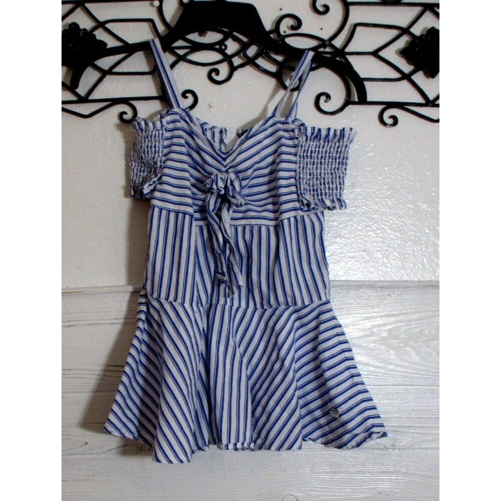 Bebe Girls Top Size XL Blue Striped Short Sleeve V Neck Cute - Picture 1 of 5